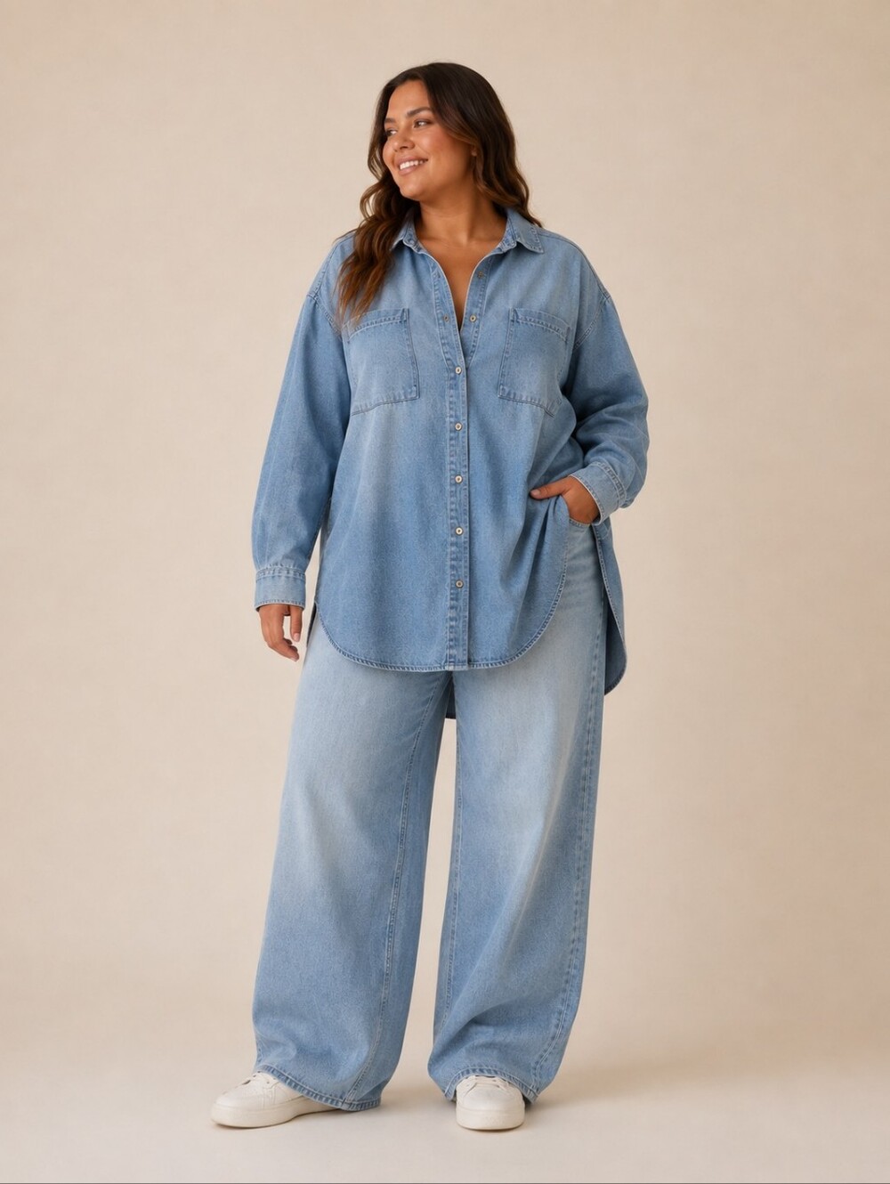 Women’s Oversized Long Denim Button-Down Shirt – Size XL
